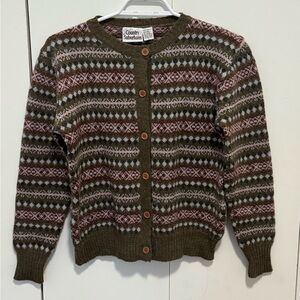 English Fair Isle Cardigan Vintage Green and Brown Cardigan fits like a Small-M